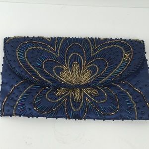 La Regale evening clutch beaded purse Blue Gold